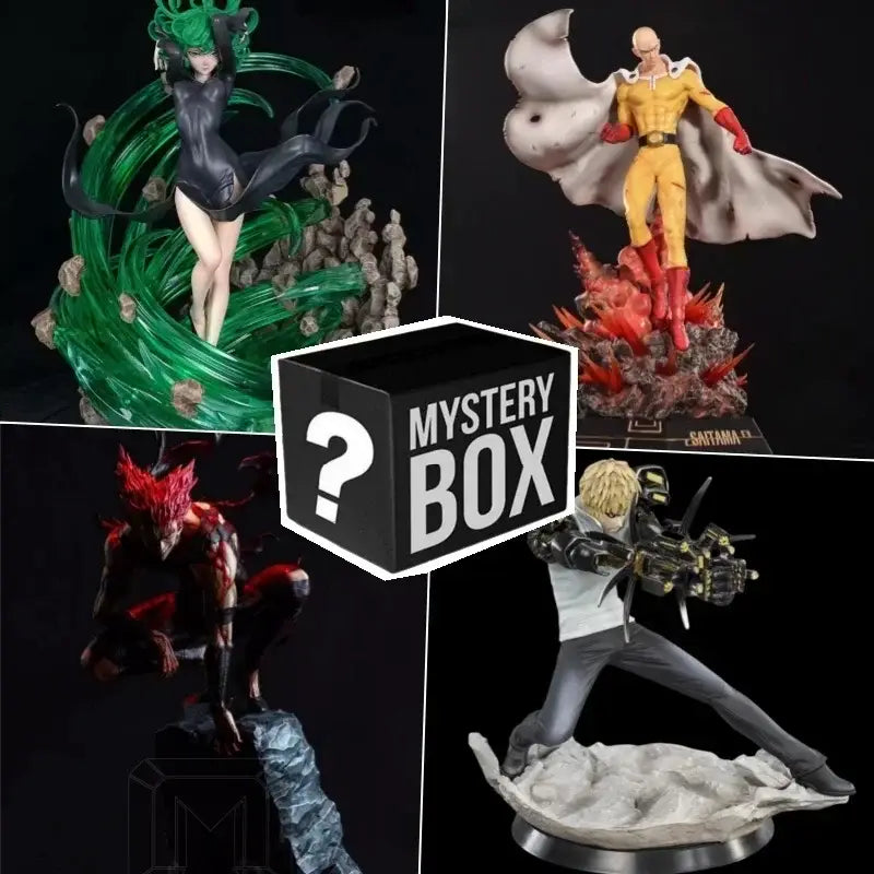 Black mystery blind box with white question mark for one punch man saitama anime figure collectible
