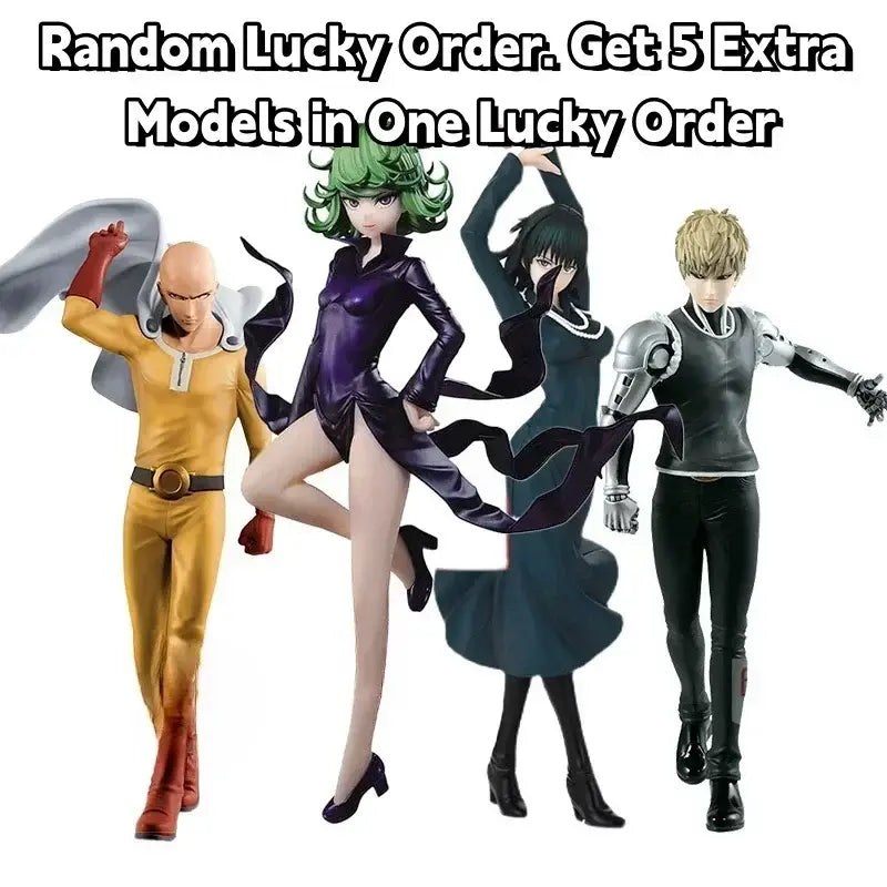 Four anime-style punch man saitama blind box figures in colorful outfits including yellow suit and purple dress