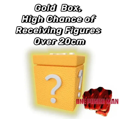 Yellow textured blind box with white question marks and glowing effect for punch man saitama anime figure mystery reveal