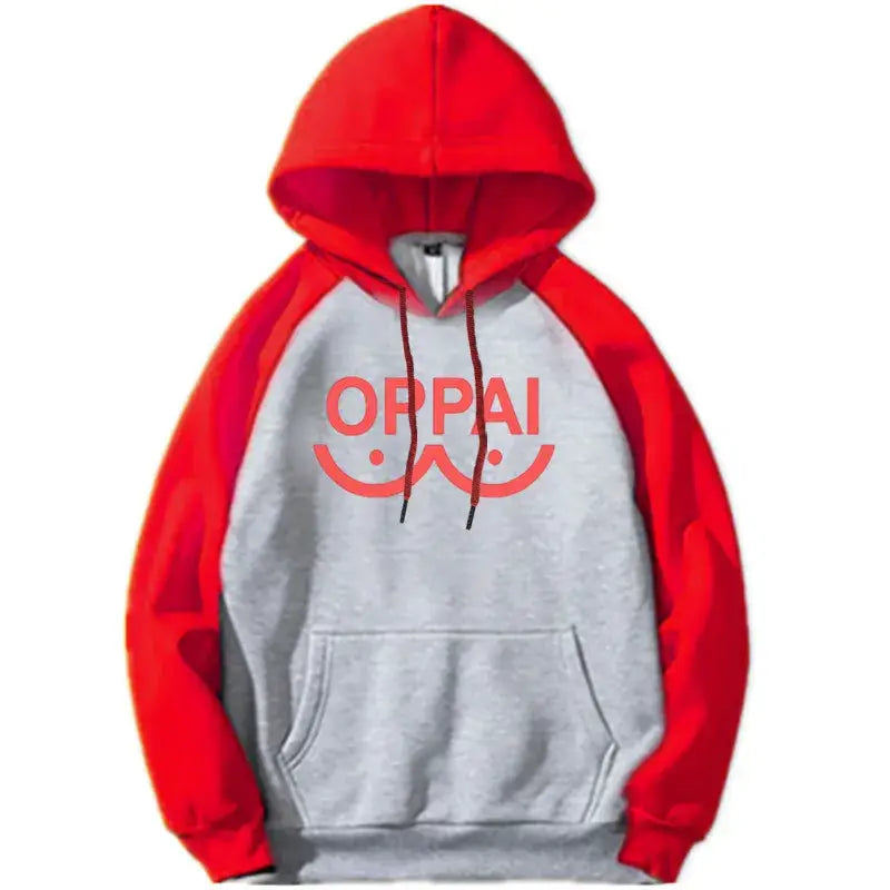 Red and gray two-tone punch man saitama oversized hoodie with bold orange oppai graphic on the chest