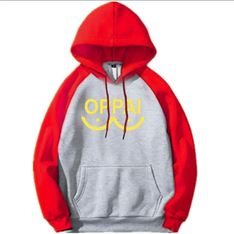Red and gray punch man saitama oversized hoodie with yellow oppai text and smiley face design on front