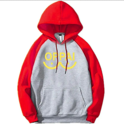 Red and gray punch man saitama oversized hoodie with yellow oppai text and smiley face design on front
