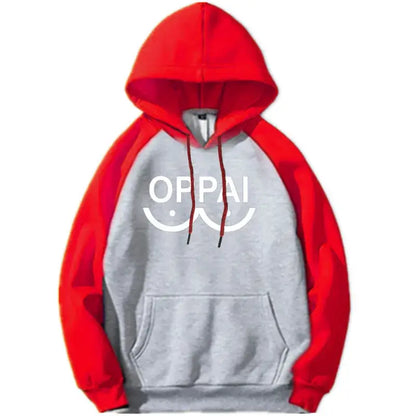 Red and gray hooded sweatshirt with contrasting sleeves and white oppai graphic for punch man saitama oversized hoodie fans