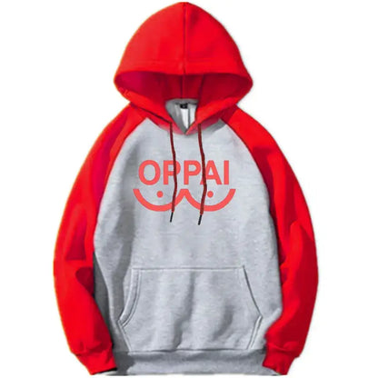 Red and gray two-tone man saitama oversized hoodie with bold orange oppai graphic on the chest for casual wear