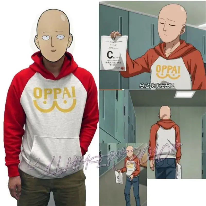 Red and white raglan sleeve punch man saitama oversized hoodie with yellow oppai graphic on front splice pullover
