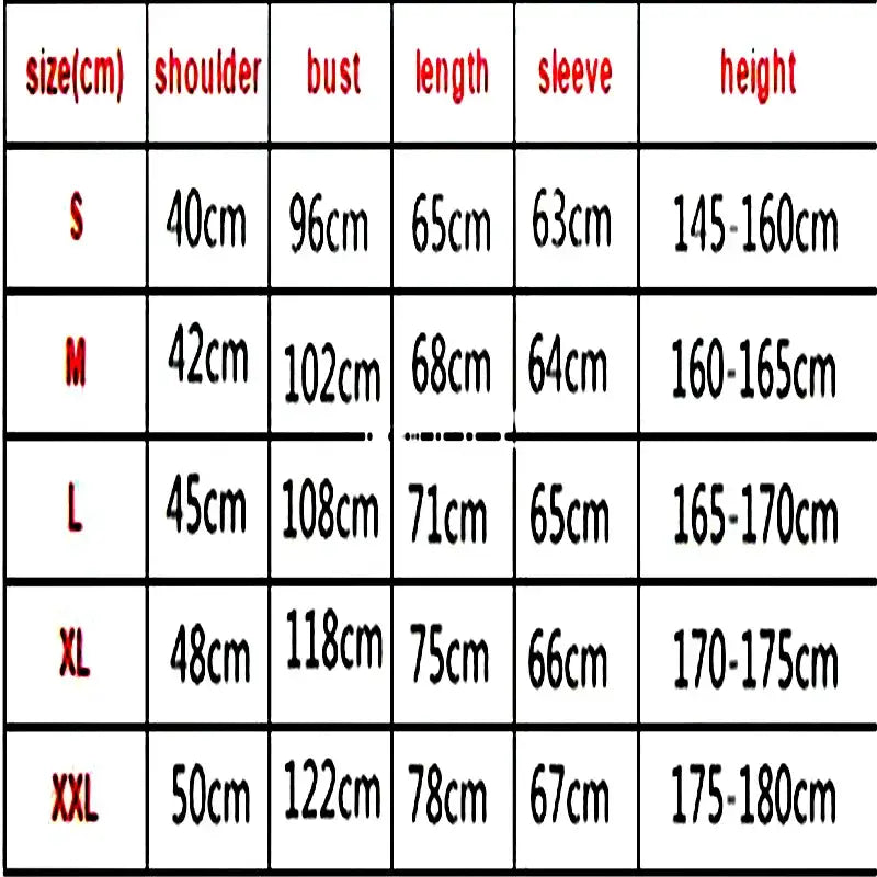 Size chart for punch man saitama oversized hoodie showing shoulder bust length sleeve and height measurements in cm for s to xxl