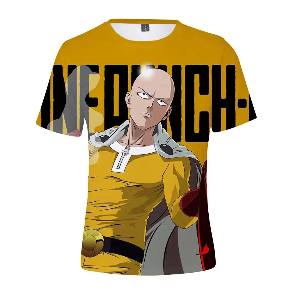 Yellow short-sleeved punch man saitama oversized t-shirt with 3d full-body print and bold black chest text