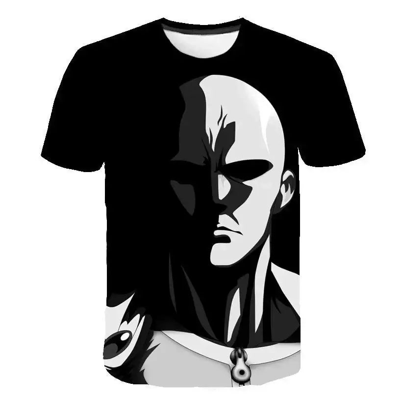 Black short-sleeved man saitama oversized t-shirt with bold 3d printed punch man saitama anime face graphic