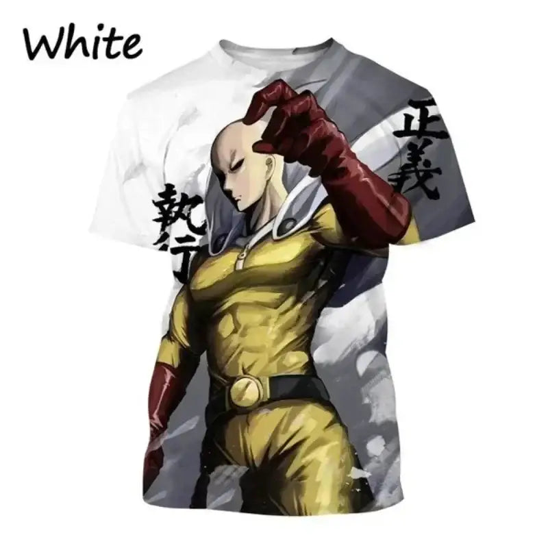 White short-sleeved punch man saitama oversized t-shirt with 3d printed saitama graphic and kanji sleeve accents