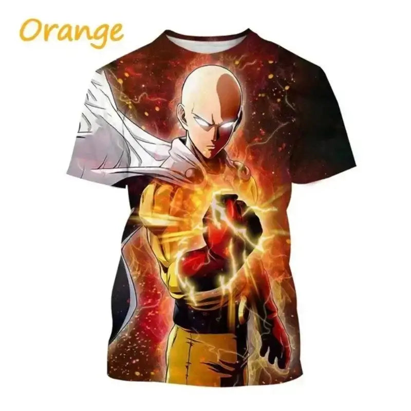 Orange short-sleeved man saitama oversized t-shirt with vibrant 3d printed punch man saitama graphic and glowing effects