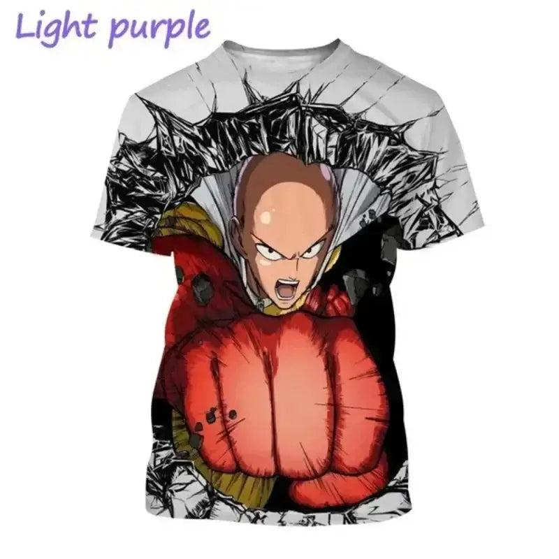 Light purple punch man saitama oversized t-shirt with dynamic 3d printed graphic of saitama bursting through shattered surface