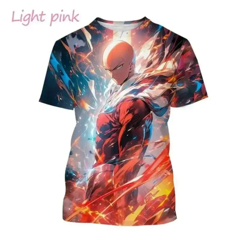 Light pink punch man saitama oversized t-shirt with 3d full-body print of saitama in action pose with fiery effects