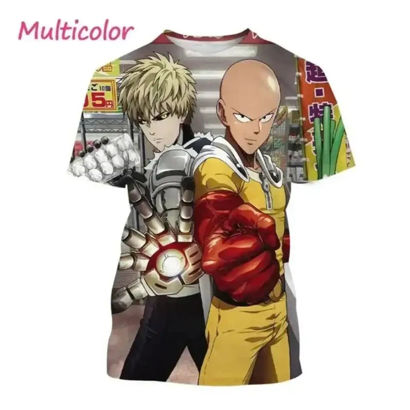 Multicolor short-sleeved punch man saitama oversized t-shirt with detailed 3d-printed anime graphic of saitama and genos