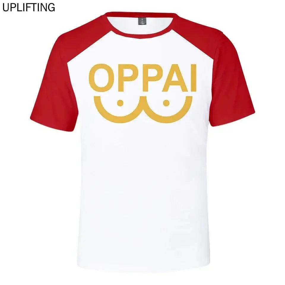 White and red raglan sleeve punch man saitama oversized t-shirt with gold oppai 3d printed design