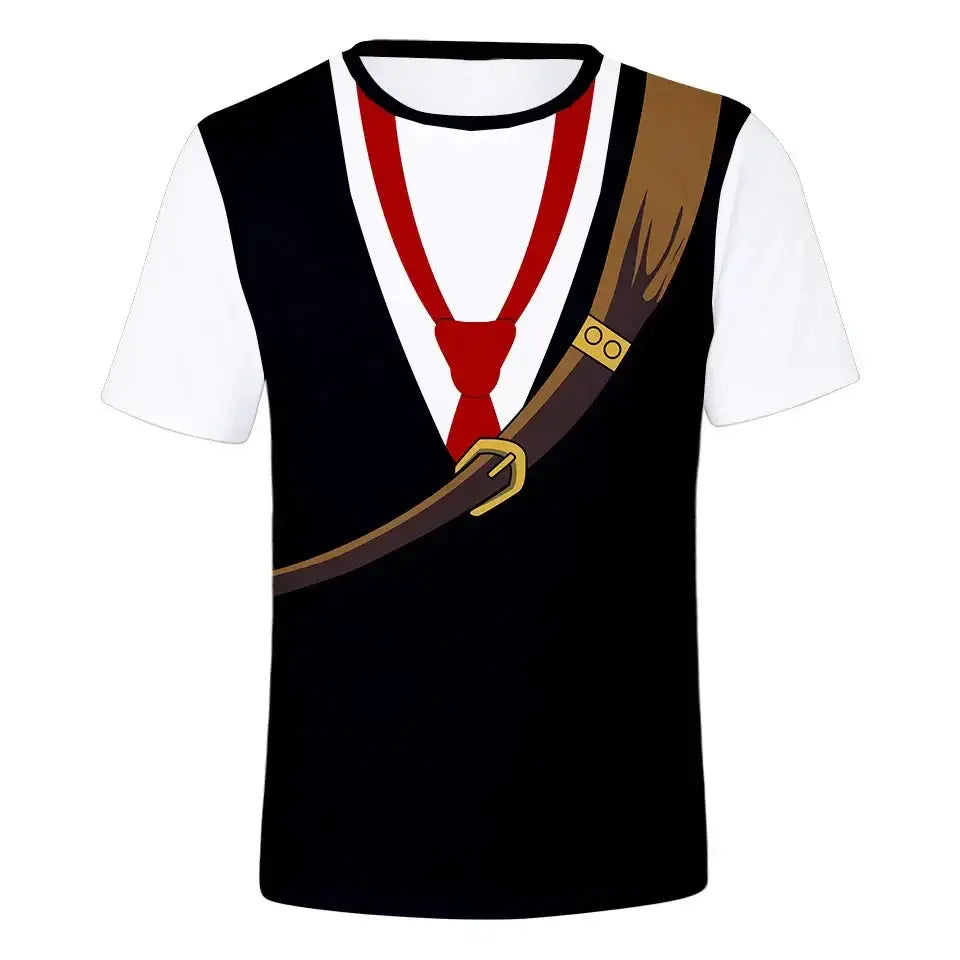 Black punch man saitama oversized t-shirt with 3d print of white shirt, red tie, and brown belt with gold buckle