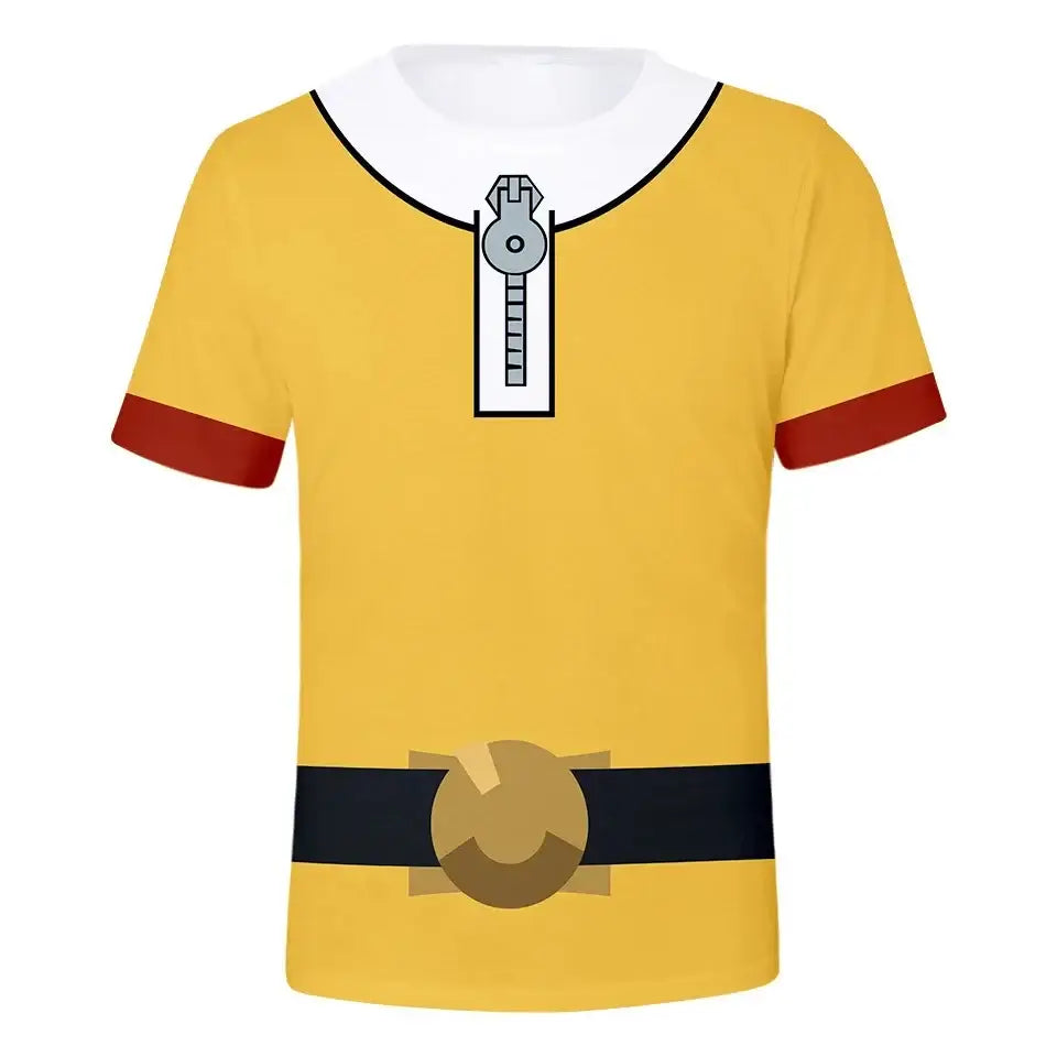 Yellow punch man saitama oversized t-shirt with red cuffs white collar and 3d printed zipper and belt graphic