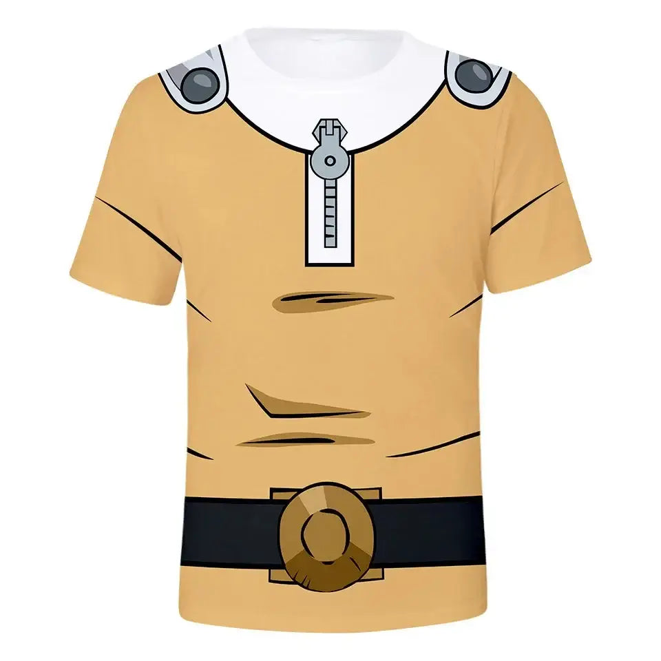 Tan short-sleeved punch man saitama oversized t-shirt with 3d printed armored torso design and black belt accents