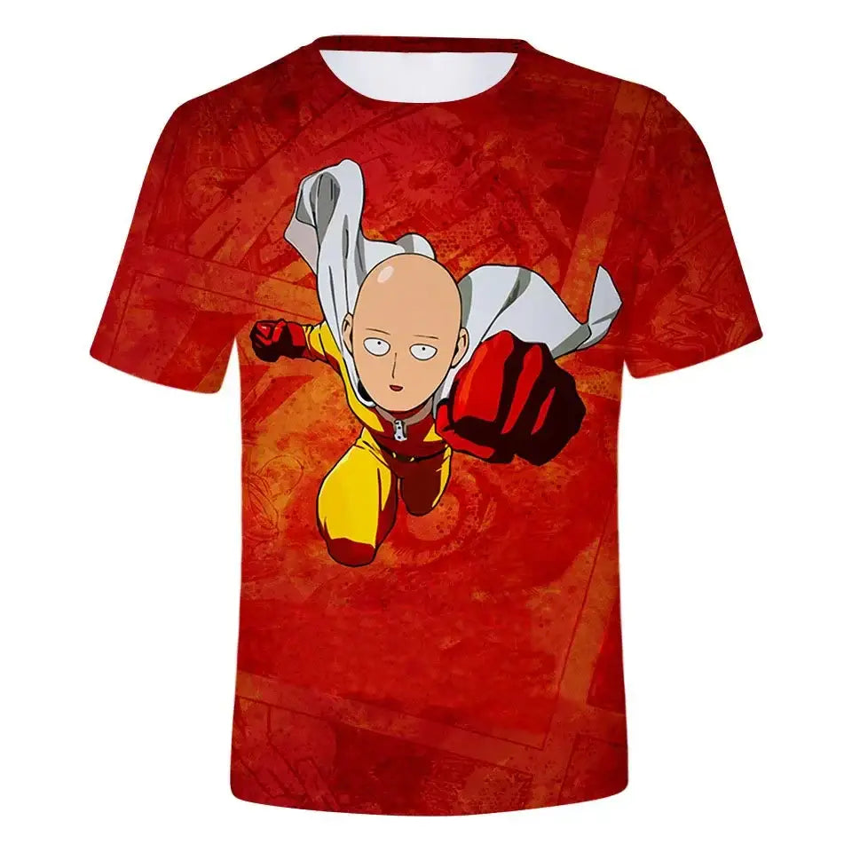 Red short-sleeved punch man saitama oversized t-shirt with 3d full-body print on orange-red textured background