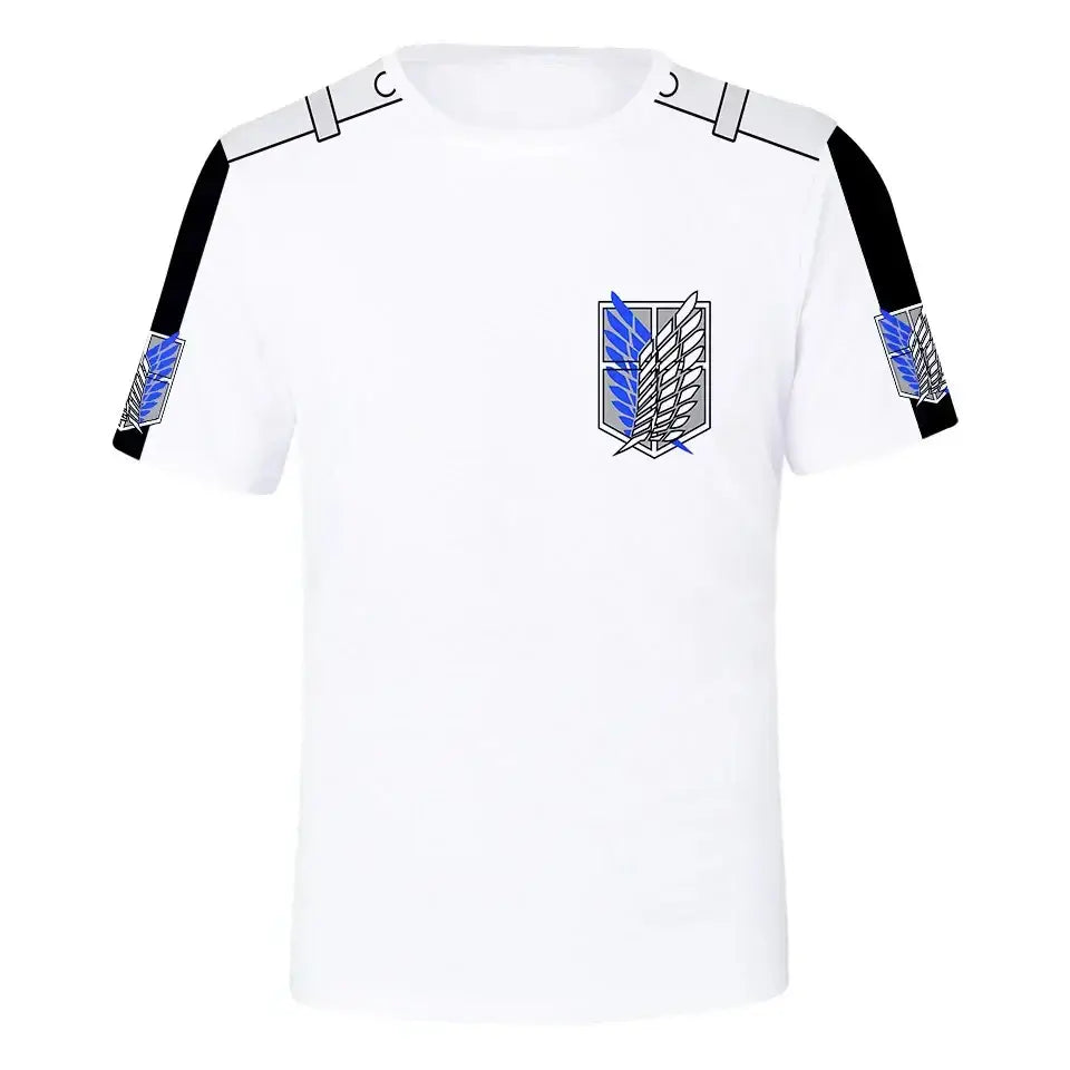 White short-sleeved man saitama oversized t-shirt with blue gray emblem and black shoulder stripes punch man design
