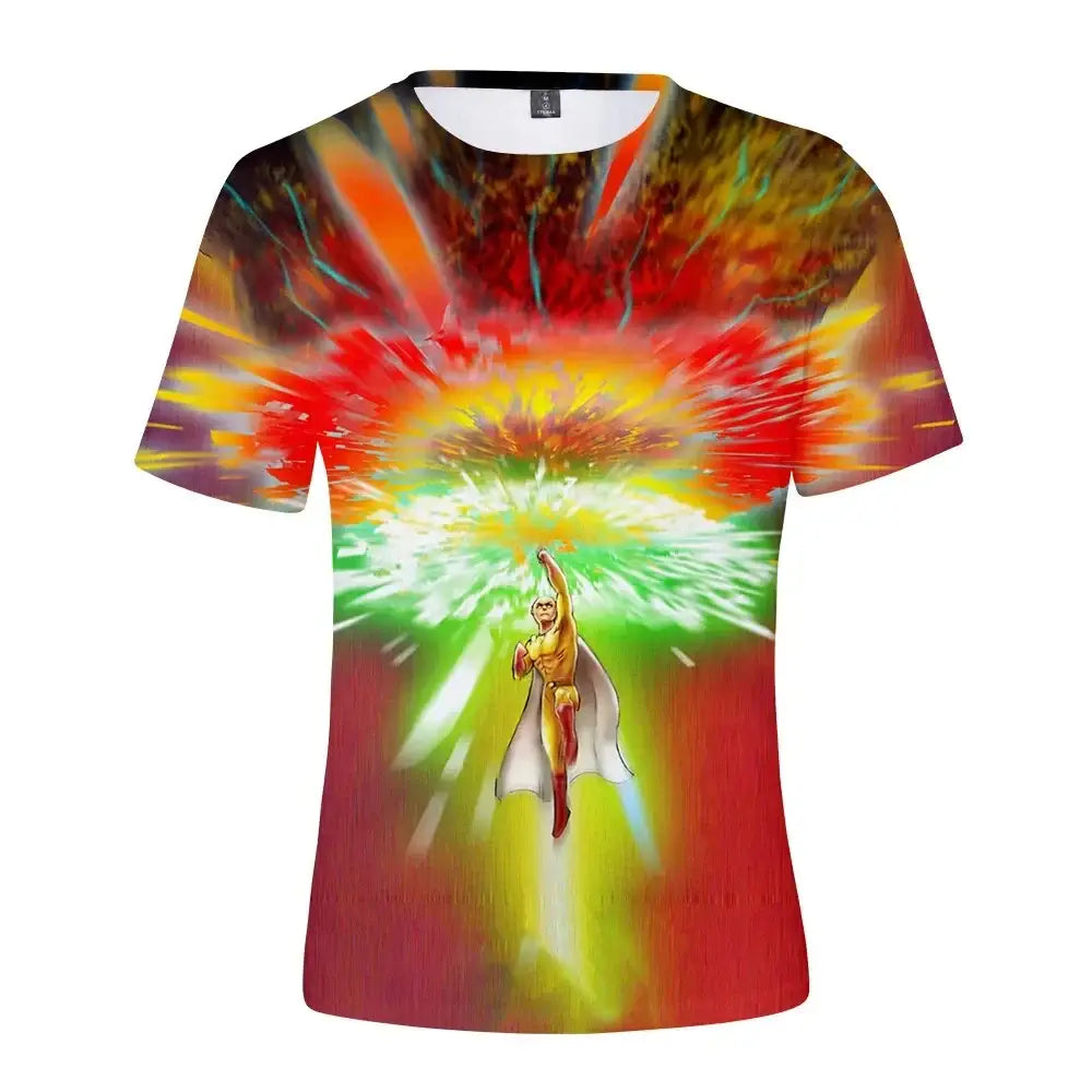 Vibrant punch man saitama oversized t-shirt with dynamic 3d-printed graphic of saitama in explosive multicolor burst