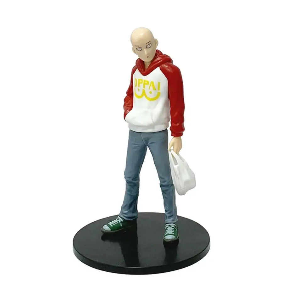 One punch man saitama pvc figure 16cm collection model wearing red white hoodie blue jeans on black base
