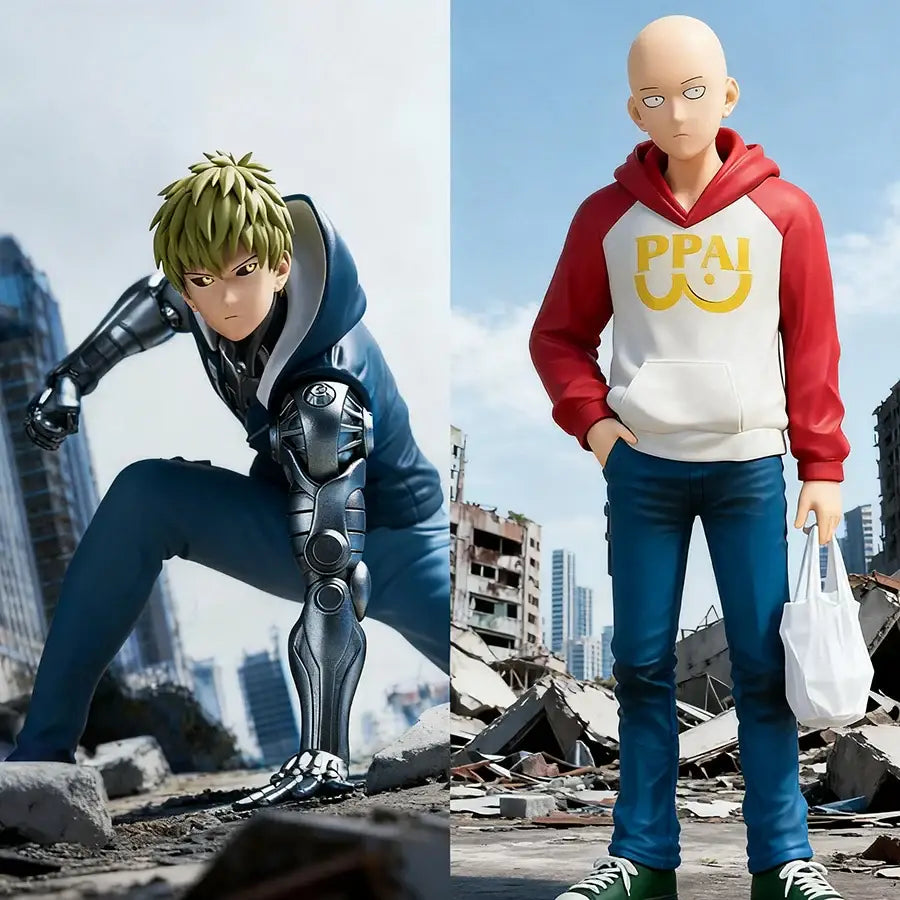 Red and white hooded sweatshirt with yellow ppai logo and contrasting sleeves for punch man saitama pvc figure 16cm collection model
