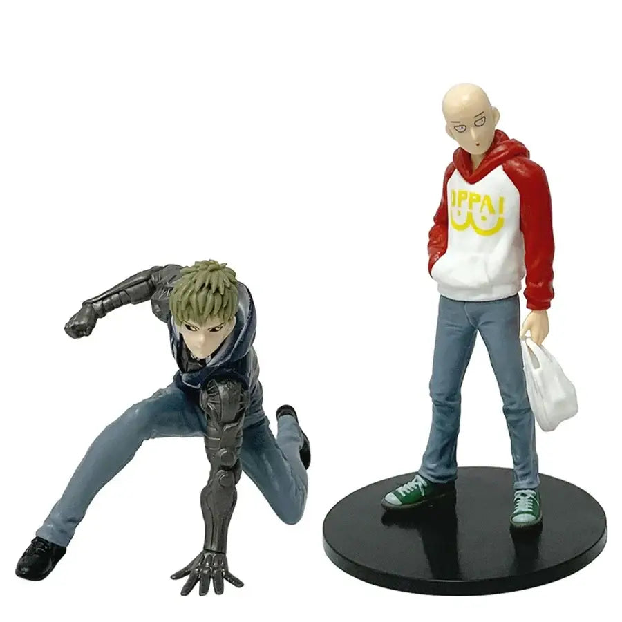 One punch man saitama pvc figure 16cm collection model in red and white hoodie with yellow uppa logo on black base
