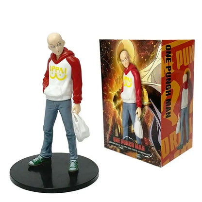 One punch man saitama pvc figure 16cm collection model wearing red and white hoodie with yellow upp logo blue jeans and green sneakers