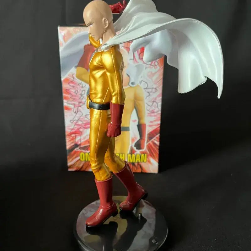 Golden one punch man saitama pvc action statue with red boots and white cape standing on a circular base