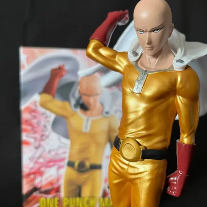 Golden saitama punch man action statue with red gloves and cape featuring metallic finish 21cm pvc figure