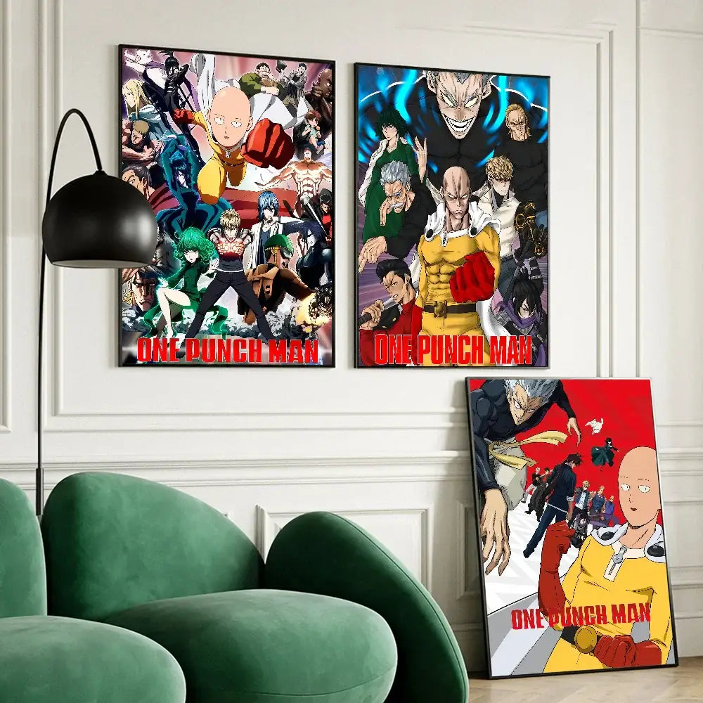 Vibrant one punch man self-adhesive poster on white kraft paper featuring bold anime art in a modern living room setting