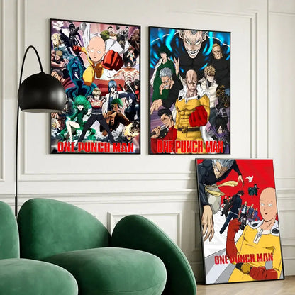 Vibrant one punch man self-adhesive poster on white kraft paper featuring bold anime art in a modern living room setting