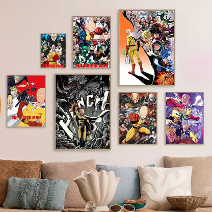 A collection of vibrant one punch man posters printed on white kraft paper featuring dynamic anime scenes and bold colors