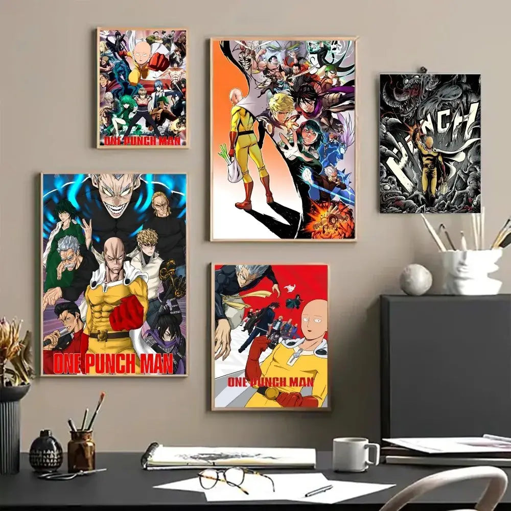 Set of five vibrant one punch man posters printed on white kraft paper featuring bold yellow and red character designs