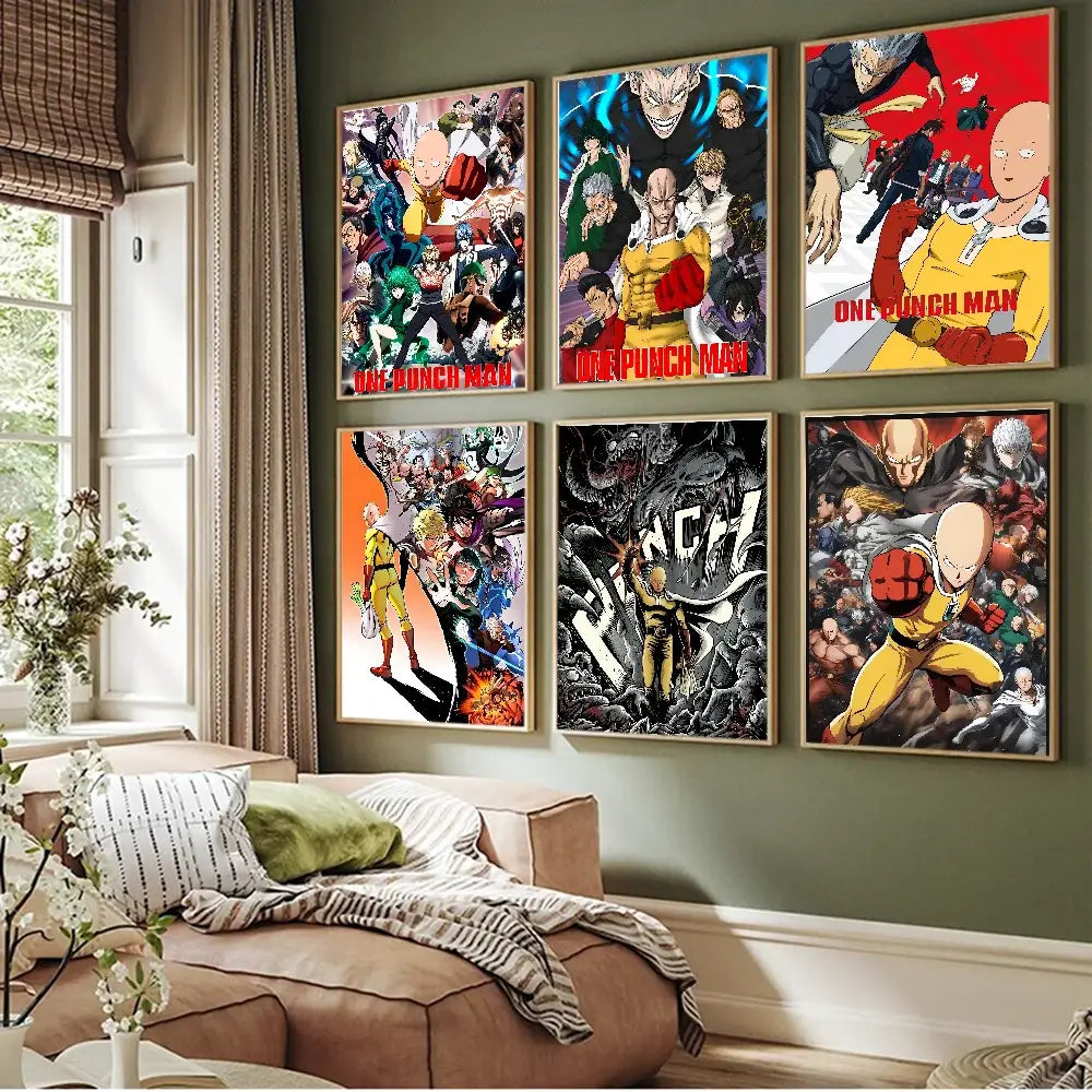 Six framed one punch man posters with vibrant artwork printed on white kraft paper featuring dynamic character designs
