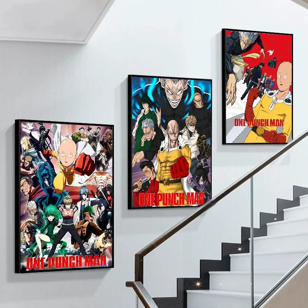 Three framed one punch man anime posters featuring vibrant art on white kraft paper mounted on a white wall