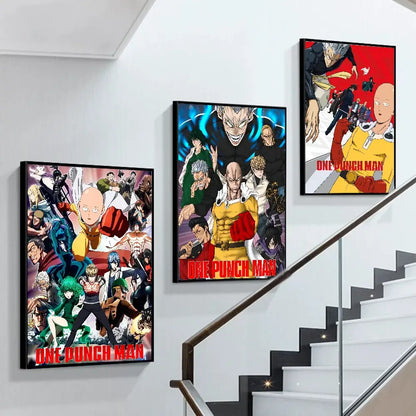 Three framed one punch man anime posters featuring vibrant art on white kraft paper mounted on a white wall