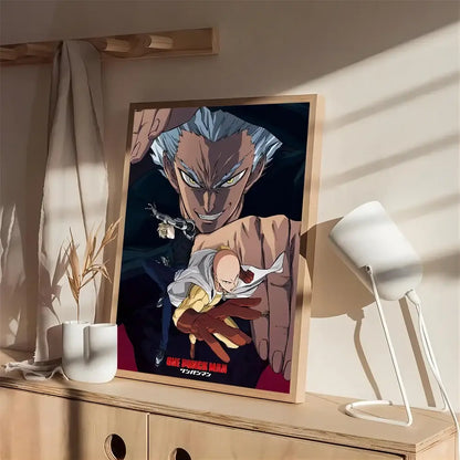 A framed one punch man anime poster of saitama and king with bold red text on white kraft paper background