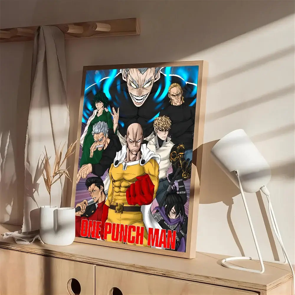A framed one punch man self-adhesive poster on white kraft paper featuring vibrant anime characters in dynamic poses