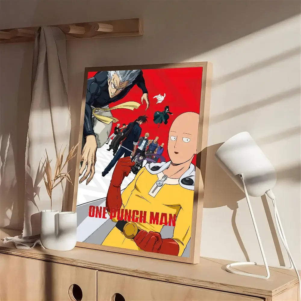 A framed one punch man saitama poster in a yellow suit on vibrant red background printed on white kraft paper