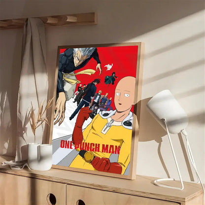A framed one punch man saitama poster in a yellow suit on vibrant red background printed on white kraft paper