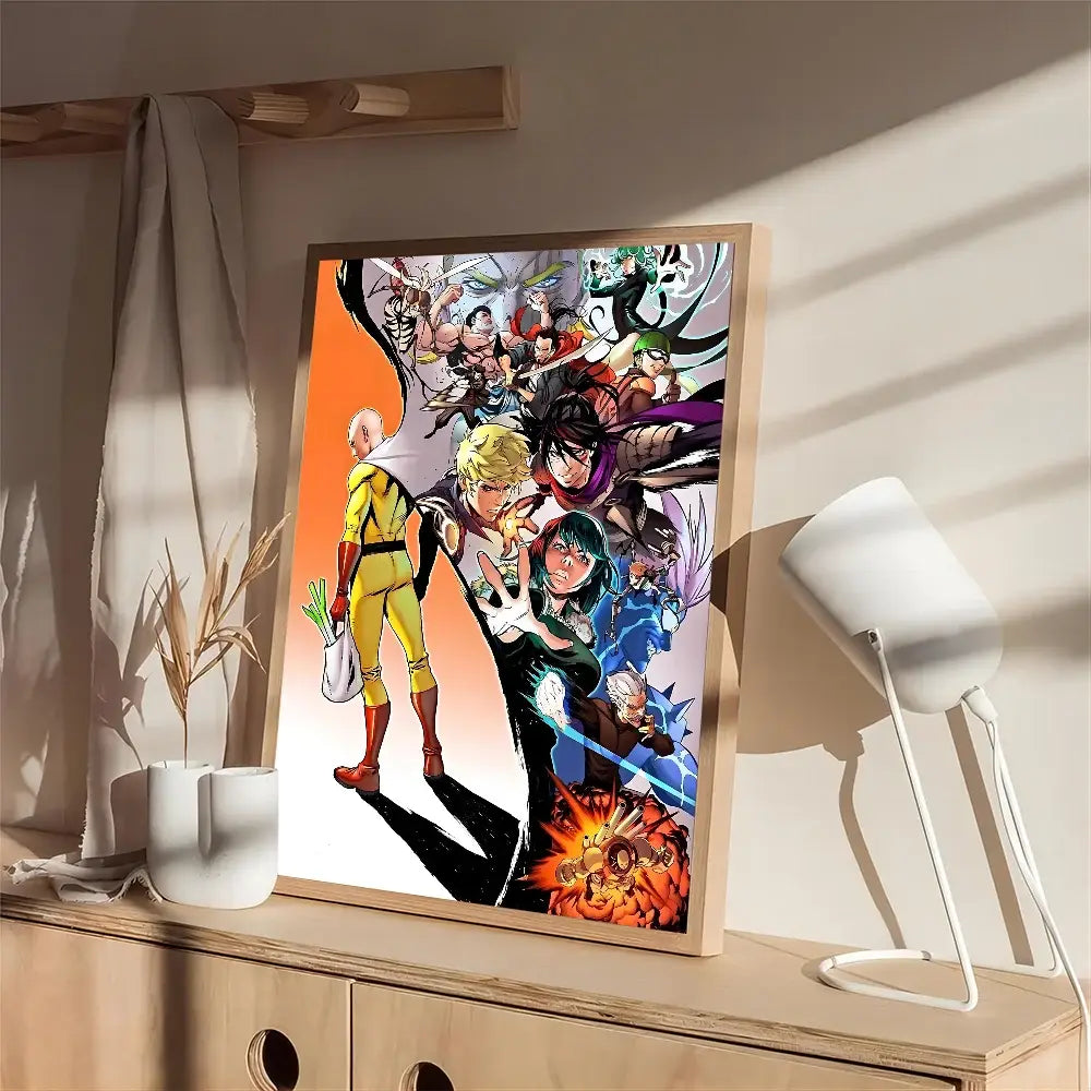 A vibrant one punch man self-adhesive poster on white kraft paper featuring dynamic anime characters in action poses