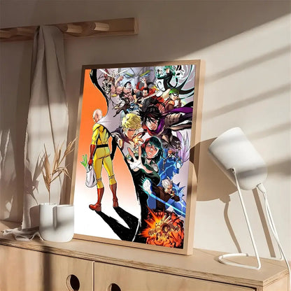 A vibrant one punch man self-adhesive poster on white kraft paper featuring dynamic anime characters in action poses