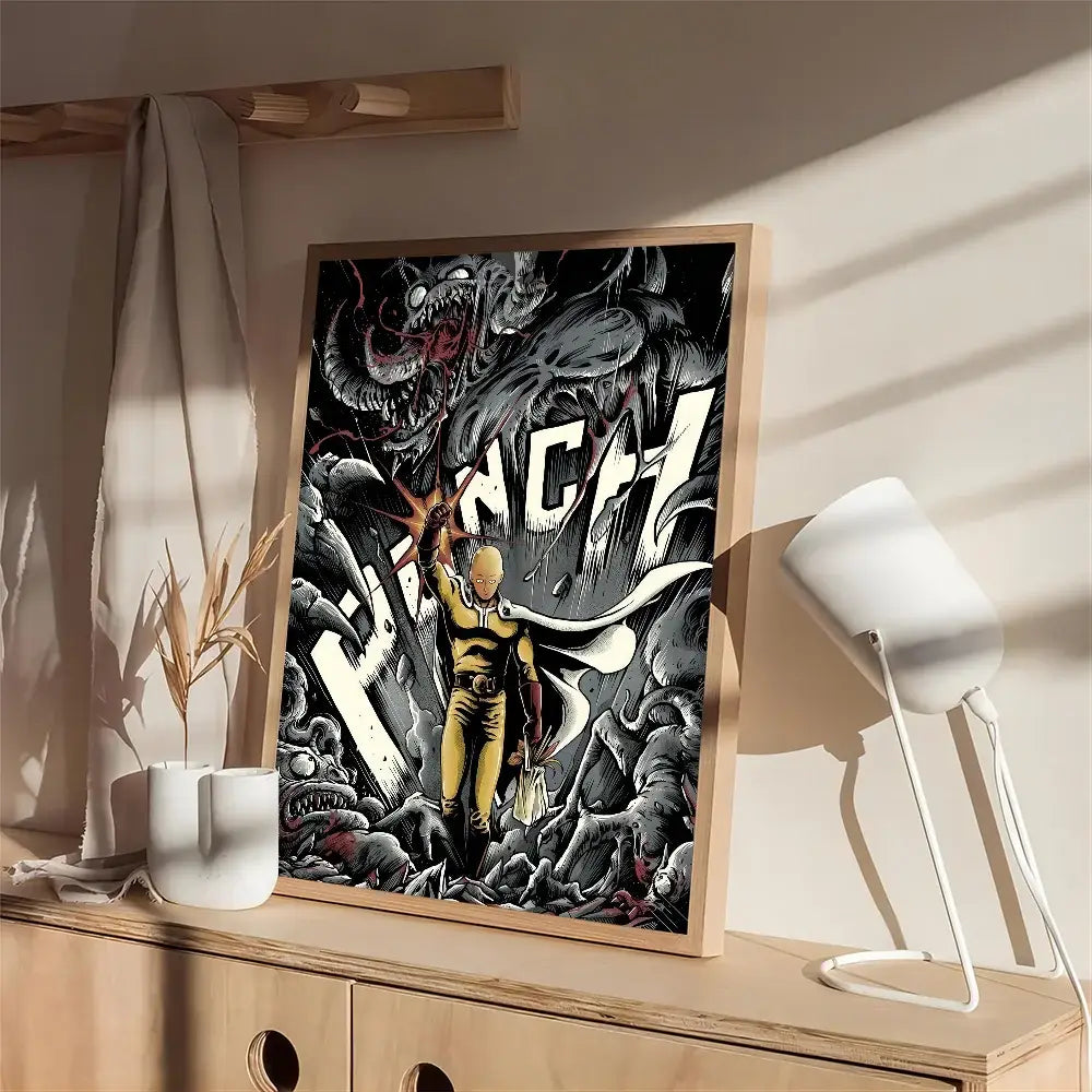 A framed black and white anime poster of saitama from one punch man on white kraft paper with monstrous creatures and bunch text