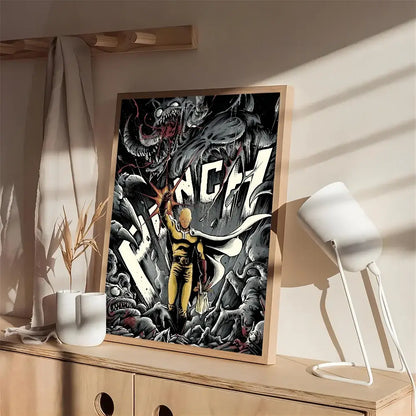 A framed black and white anime poster of saitama from one punch man on white kraft paper with monstrous creatures and bunch text