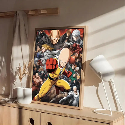 A framed one punch man saitama poster in dynamic pose printed on white kraft paper with self-adhesive backing