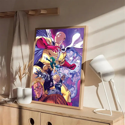 Vibrant anime poster of saitama from one punch man on white kraft paper with cosmic backdrop and self-adhesive backing