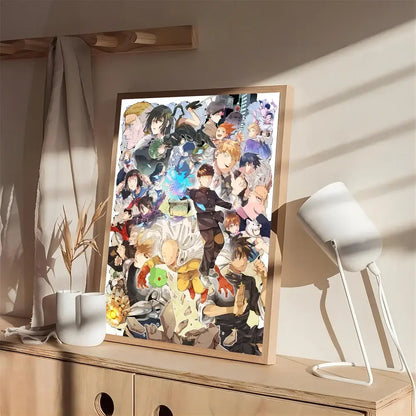 A framed anime character collage poster of one punch man on white kraft paper with vibrant illustrations and a light wood frame