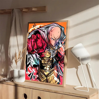 A vibrant one punch man saitama self-adhesive poster on white kraft paper with bold red and gold colors