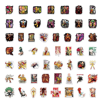 A collection of colorful, glossy one punch man themed stickers featuring various characters and designs.